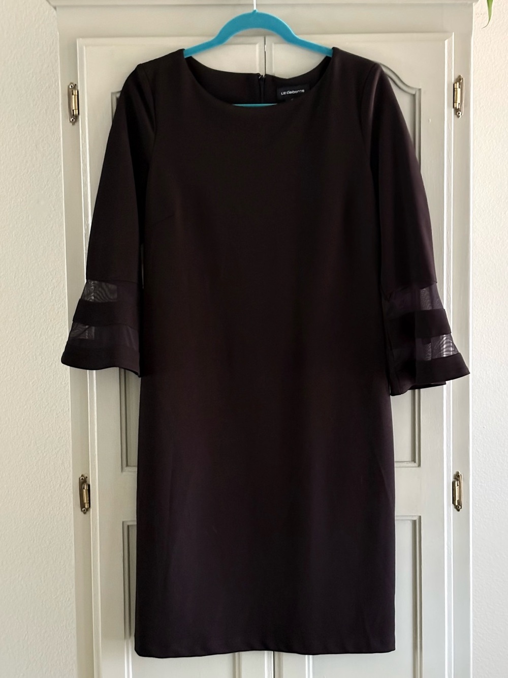 LIZ CLAIBORNE‎ Sheer Striped Bell Sleeved Sheath Dress | Black | Size 12